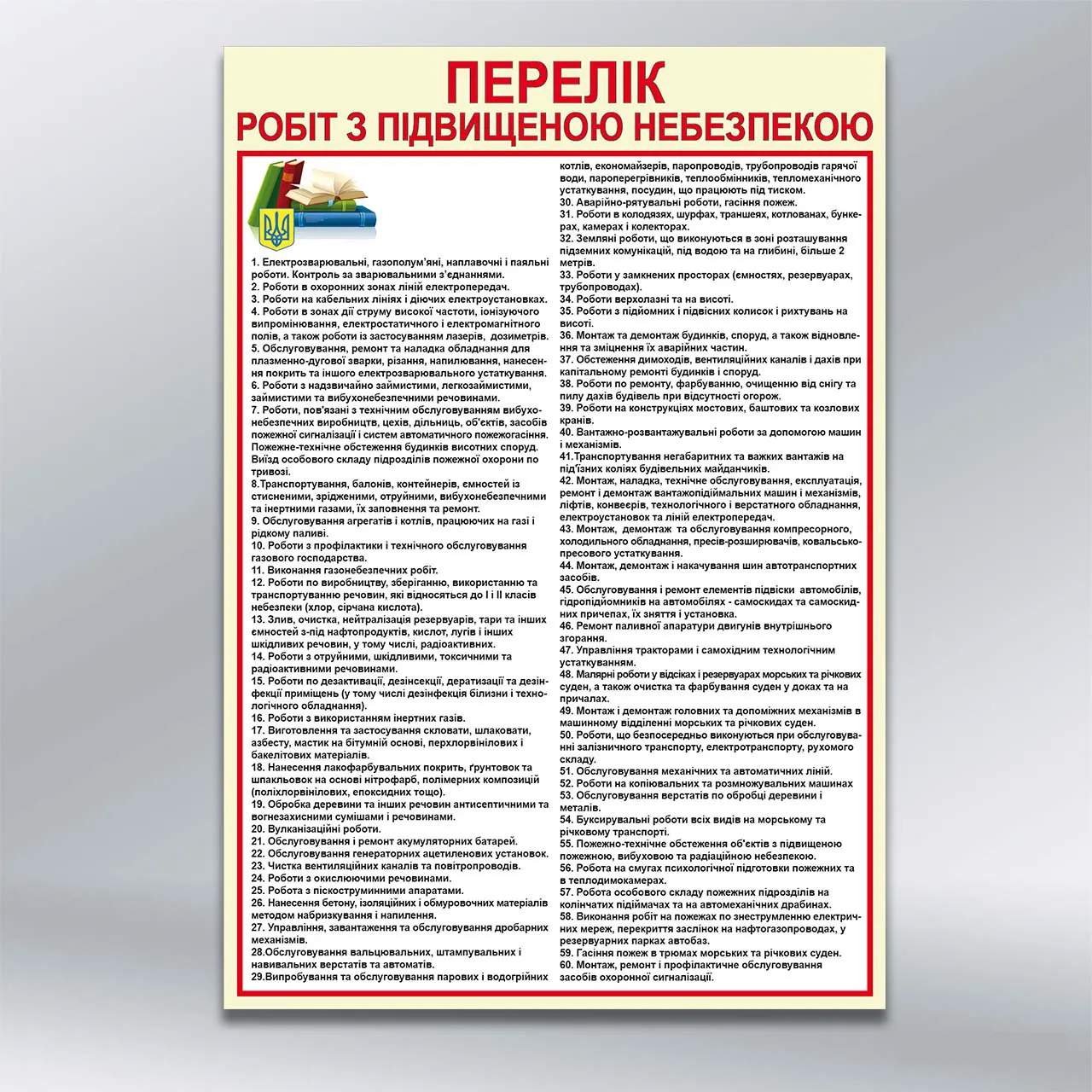 Стенд Перелік робіт з підвищеною небезпекою 550х800 мм ПВХ 3 мм без лам