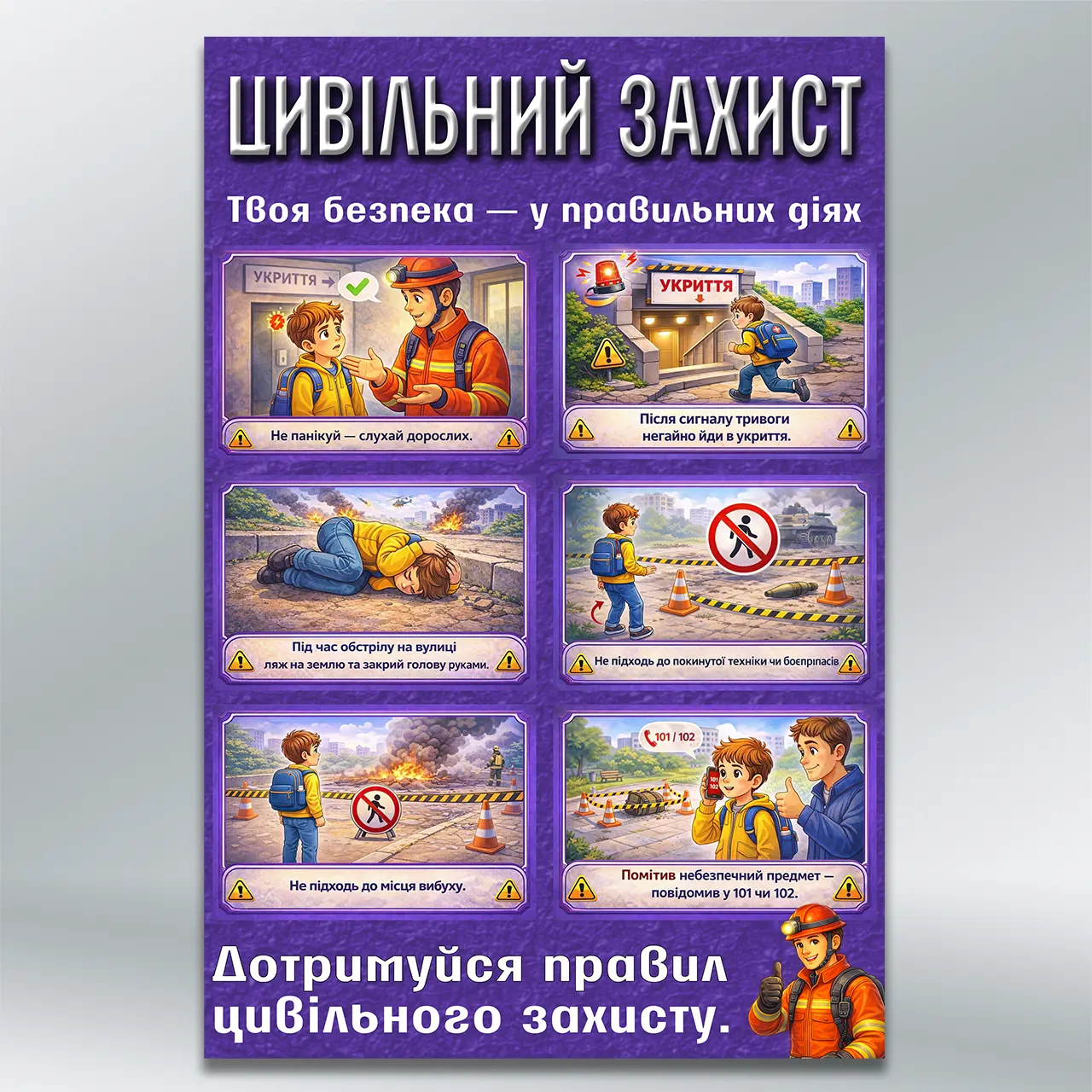Дитячий стенд Цивільний захист — правила поведінки під час тривоги 400х600 мм ПВХ 3 мм без лам