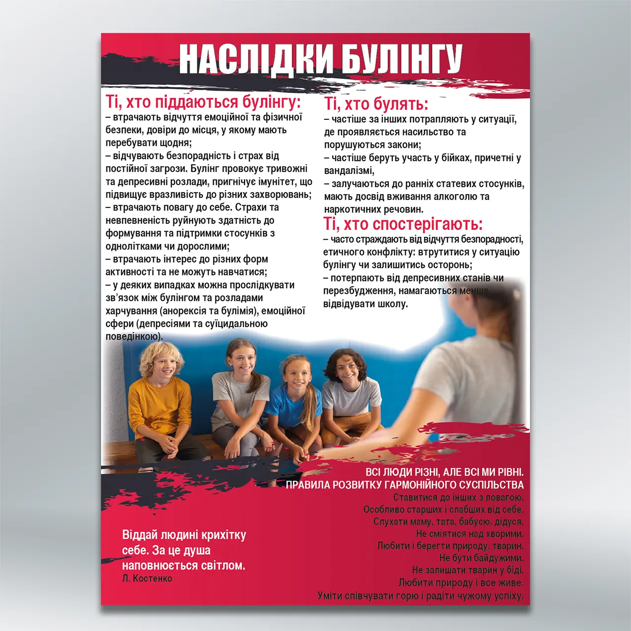 Стенд Стоп булінг Наслідки булінгу 450х600 мм ПВХ 3 мм з лам